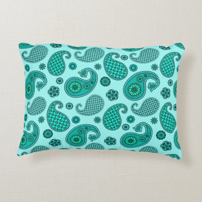 Paisley Pattern, Aqua and Turquoise Accent Pillow (Back)