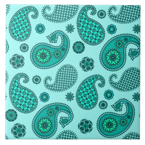 Paisley Pattern Aqua and Turquoise Ceramic Tile