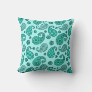 Paisley Pattern, Aqua and Turquoise Outdoor Pillow