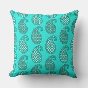 Paisley pattern, aqua and turquoise throw pillow