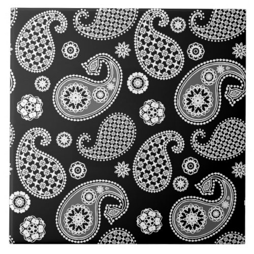 Paisley Pattern Black and White Ceramic Tile