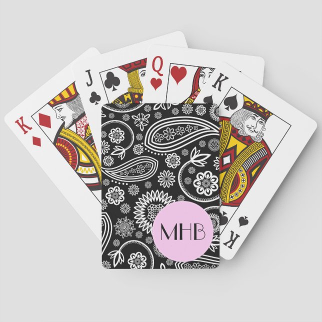 Paisley Pattern, Black and White, Monogram Poker Cards (Back)