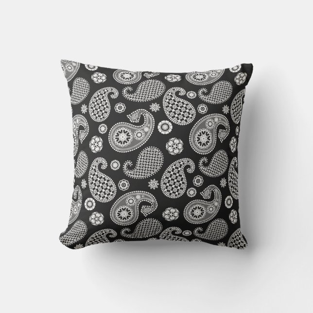 Paisley Pattern, Black and White Outdoor Pillow (Front)