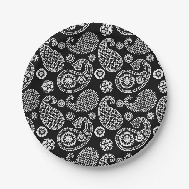 Paisley pattern, Black and White Paper Plates (Front)