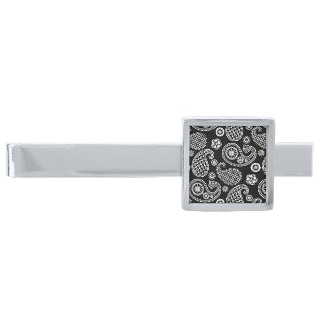 Paisley pattern, Black and White Silver Finish Tie Silver Finish Tie Bar (Front)
