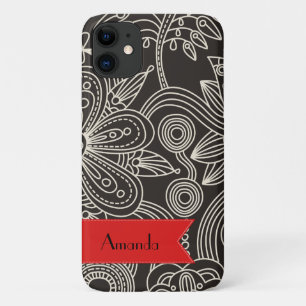 Paisley Pattern, Black and White, Your Name iPhone 11 Case