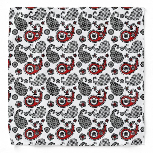 Paisley pattern, Black, White and Red Bandana (Front)