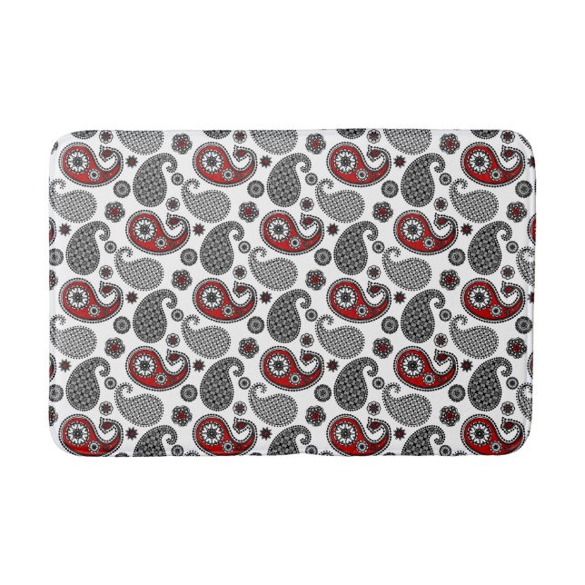 Paisley pattern, Black, White and Red Bathroom Mat (Front)