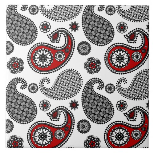 Paisley pattern Black White and Red Ceramic Tile