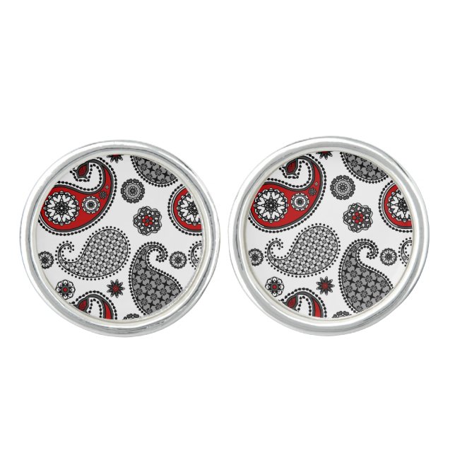 Paisley pattern, Black, White and Red Cufflinks (Front)