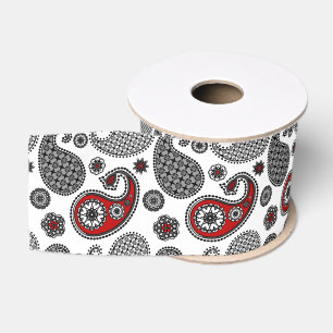 Paisley pattern, Black, White and Red Grosgrain Ribbon