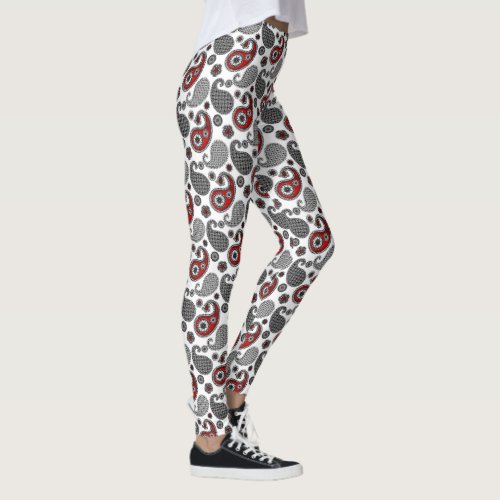 Paisley Pattern Black White and Red Leggings