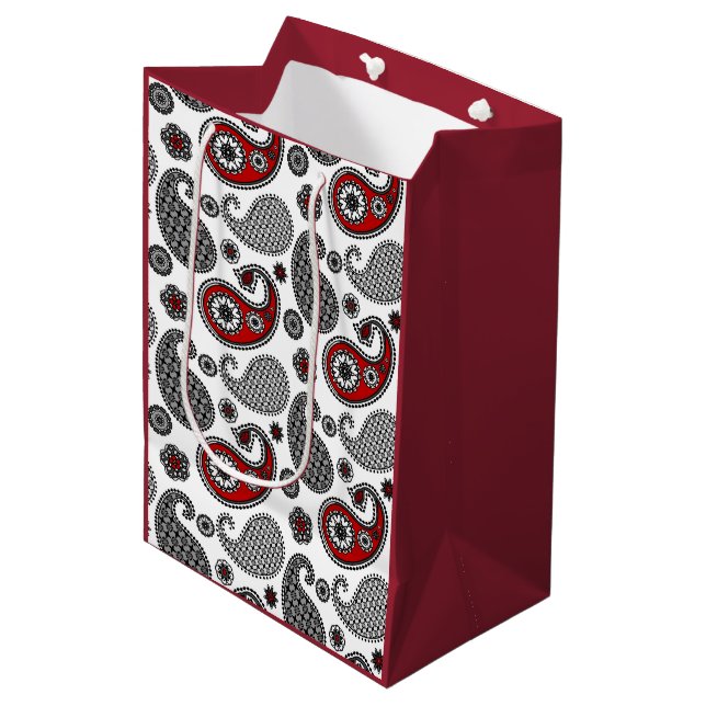 Paisley pattern, Black, White and Red Medium Gift Bag (Front Angled)
