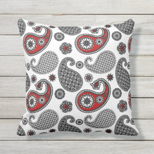 Paisley pattern, Black, White and Red Outdoor Pillow