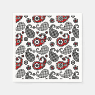 Paisley pattern, Black, White and Red Paper Napkins