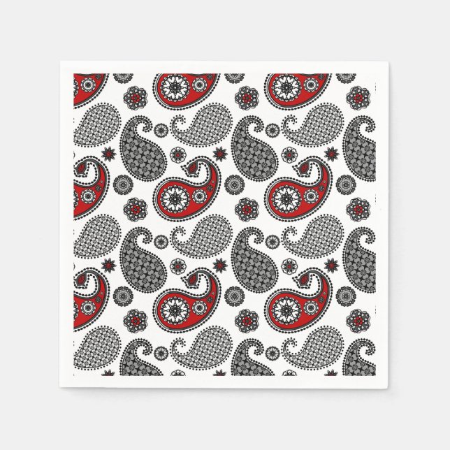 Paisley pattern, Black, White and Red Paper Napkins (Front)