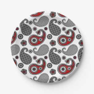 Paisley pattern, Black, White and Red Paper Plates