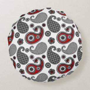 Paisley pattern, Black, White and Red Round Pillow