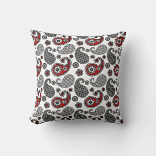 Paisley Pattern, Black, White and Red Throw Pillow
