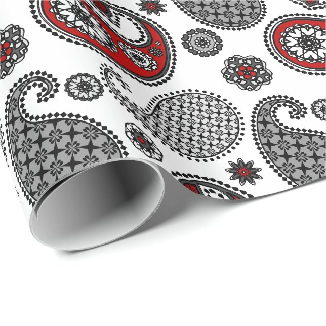 Paisley pattern, Black, White and Red Wrapping Paper (Roll Corner)