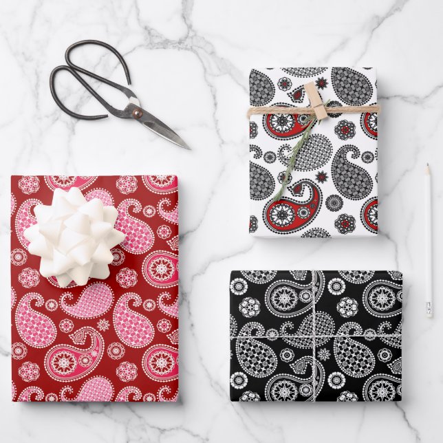 Paisley Pattern, Black, White and Red  Wrapping Paper Sheets (Front)