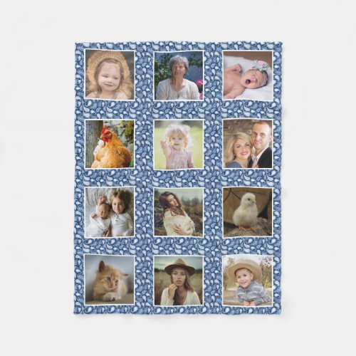 Paisley Pattern Blue Custom Family Photo Collage Fleece Blanket