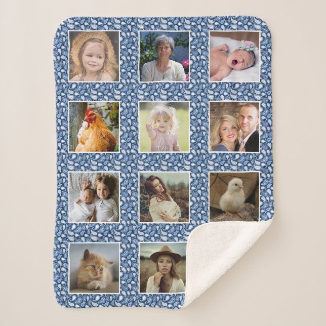 Paisley Pattern Blue Custom Family Photo Collage Sherpa Blanket (Front)