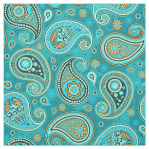 Paisley pattern blue teal orange color fabric