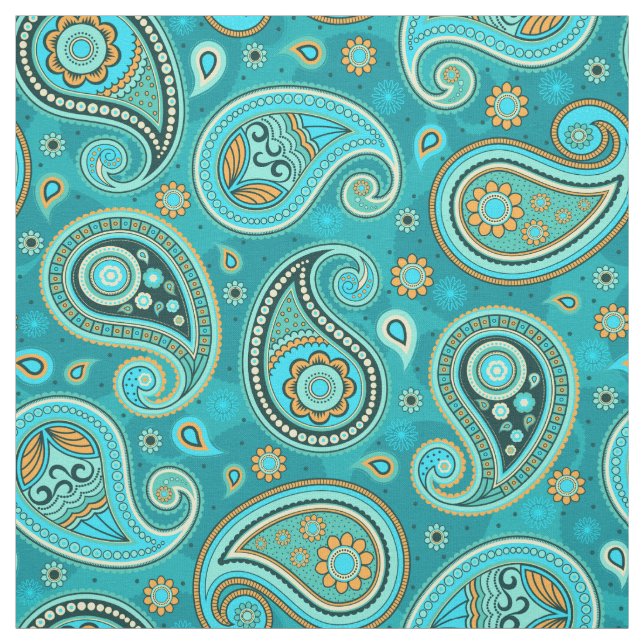 Paisley pattern blue teal orange color fabric (Swatch)