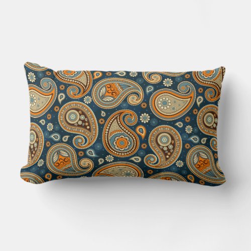 Paisley pattern blue teal orange elegant lumbar pillow