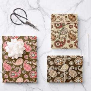 Paisley Pattern, Brown, Beige and Coral Orange Wrapping Paper Sheets