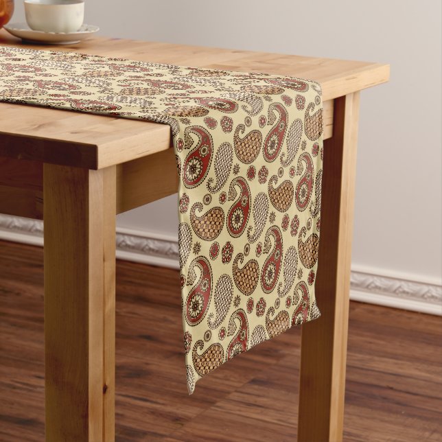 Paisley pattern, brown, tan and beige short table runner (In Situ)