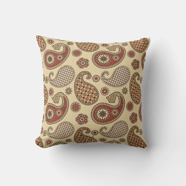 Paisley pattern, brown, tan and beige throw pillow (Front)