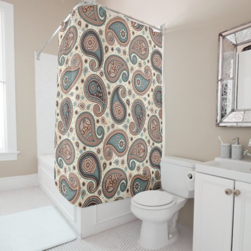 Paisley pattern brown teal beige elegant shower curtain