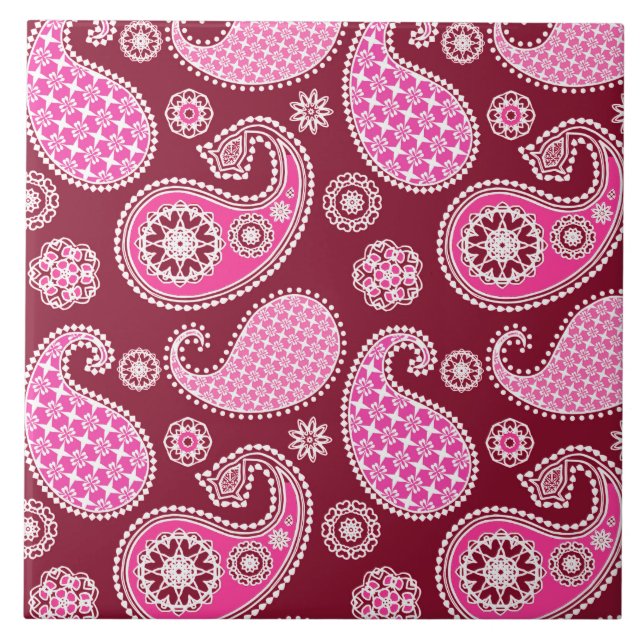 Paisley pattern, Burgundy, Pink and White Ceramic Tile (Front)