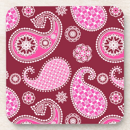 Paisley pattern Burgundy Pink and White Coaster