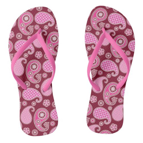 Paisley pattern Burgundy Pink and White Flip Flops