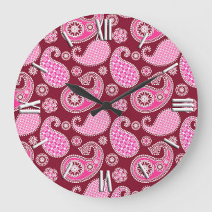 Paisley pattern, Burgundy, Pink and White Large Clock