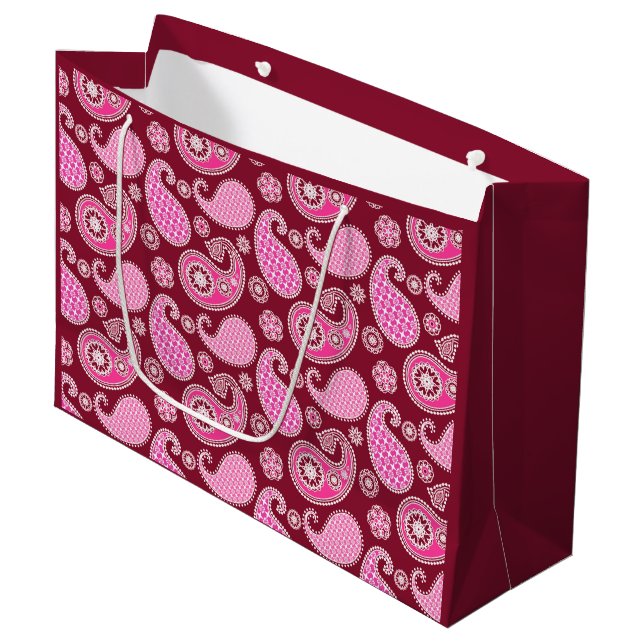 Paisley pattern, Burgundy, Pink and White Large Gift Bag (Front Angled)