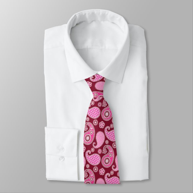 Paisley pattern, Burgundy, Pink and White Neck Tie (Tied)