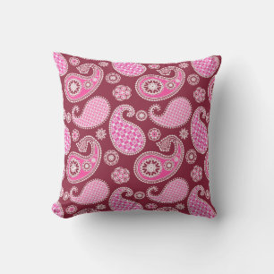 Paisley pattern, Burgundy, Pink and White Outdoor Pillow