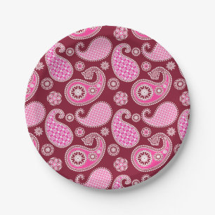 Paisley pattern, Burgundy, Pink and White Paper Plates