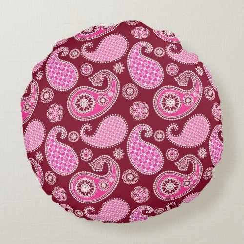 Paisley pattern Burgundy Pink and White Round Pillow