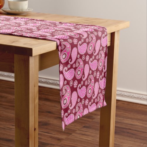 Paisley pattern Burgundy Pink and White Short Table Runner