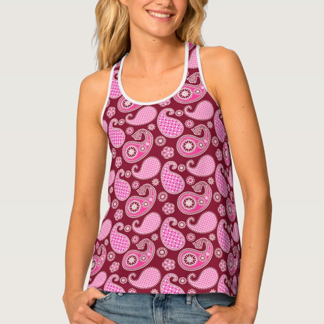 Paisley pattern, Burgundy, Pink and White Tank Top (Front)