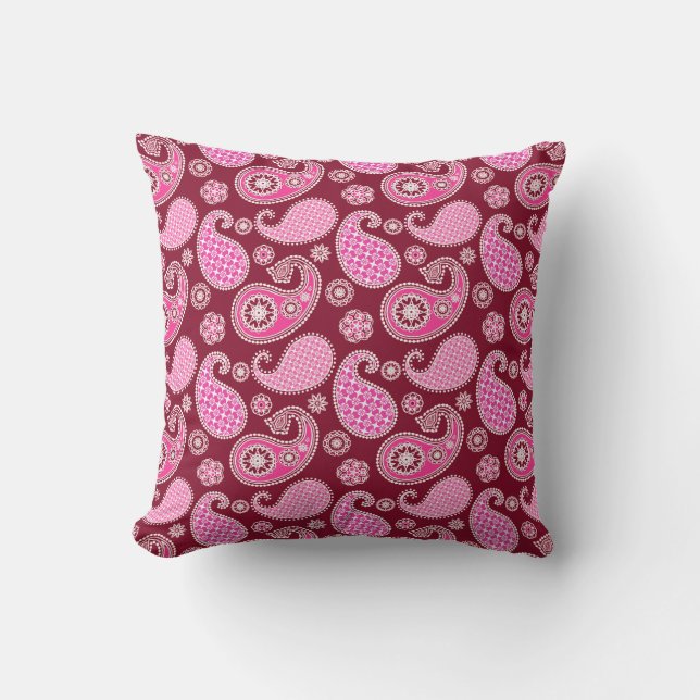 Paisley Pattern, Burgundy, Pink and White Throw Pillow (Front)