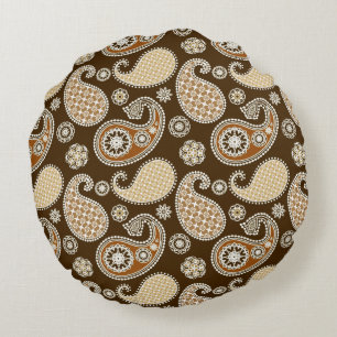 Paisley pattern, Chocolate Brown and Tan Round Pillow
