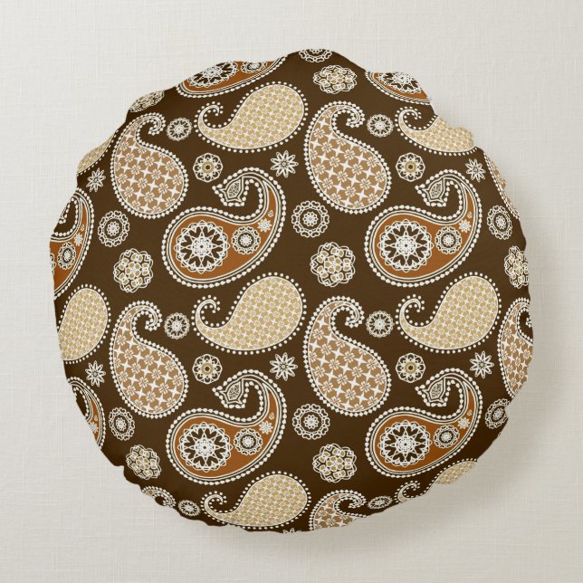 Paisley pattern, Chocolate Brown and Tan Round Pillow (Back)