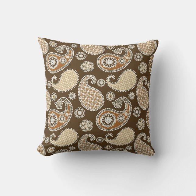 Paisley pattern, Chocolate Brown and Tan Throw Pillow (Front)