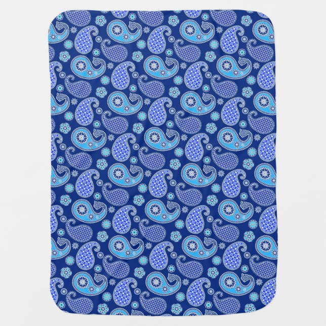 Paisley pattern, cobalt blue and white baby blanket (Front)